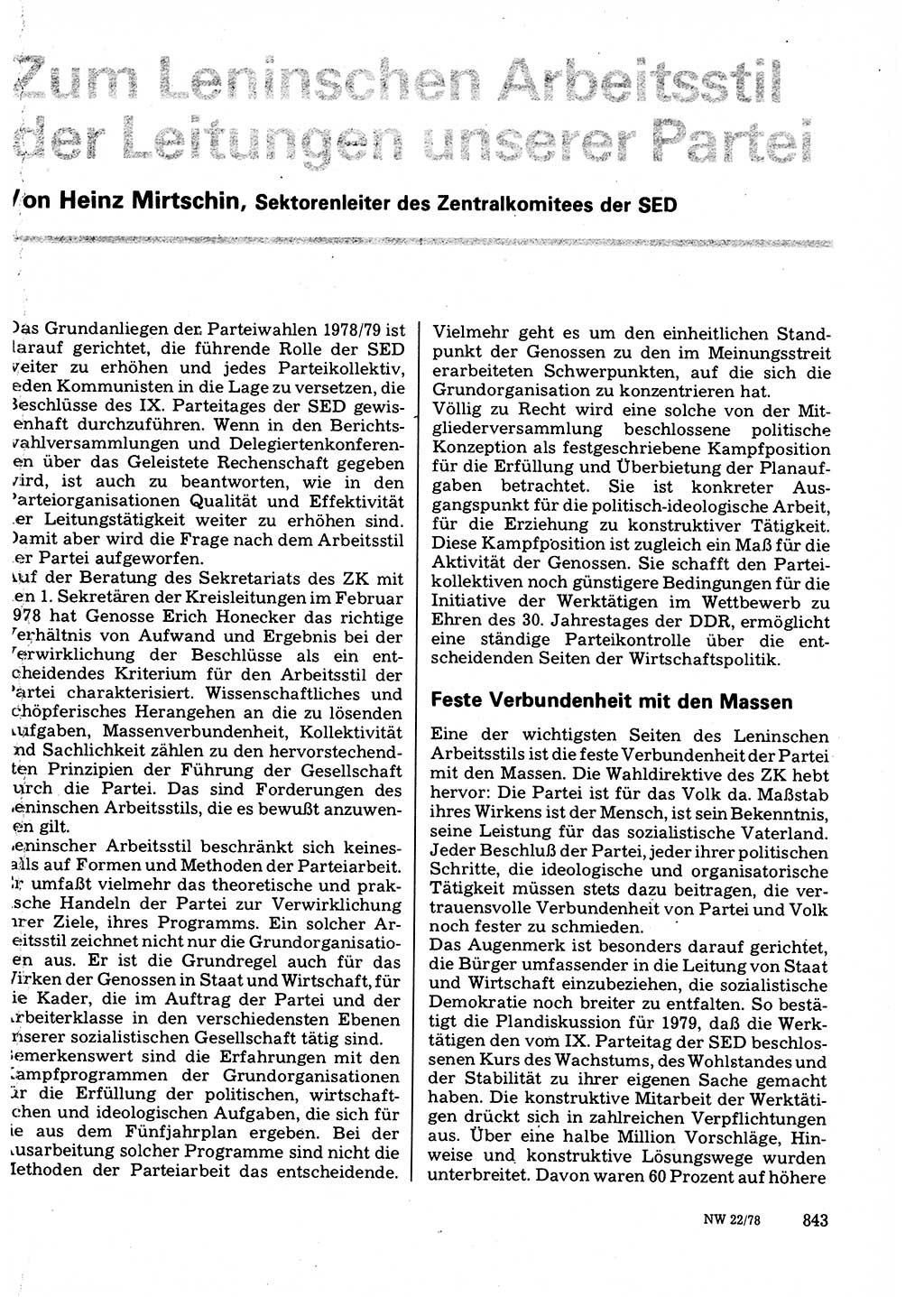 Neuer Weg (NW), Organ des Zentralkomitees (ZK) der SED (Sozialistische Einheitspartei Deutschlands) für Fragen des Parteilebens, 33. Jahrgang [Deutsche Demokratische Republik (DDR)] 1978, Seite 843 (NW ZK SED DDR 1978, S. 843)