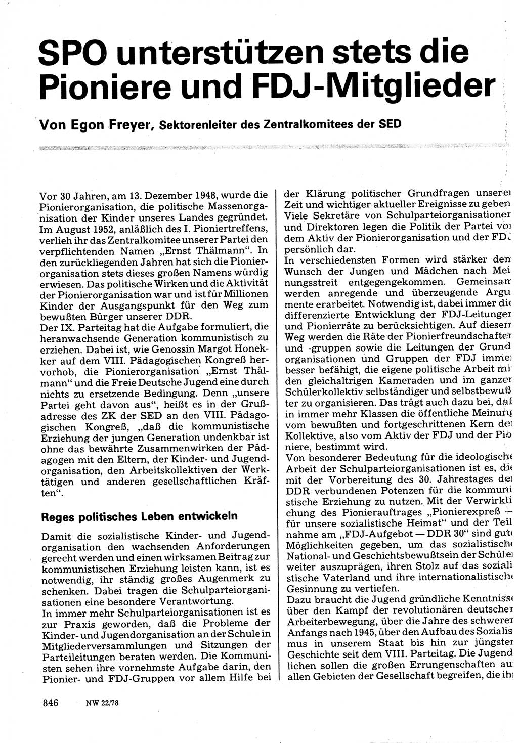 Neuer Weg (NW), Organ des Zentralkomitees (ZK) der SED (Sozialistische Einheitspartei Deutschlands) für Fragen des Parteilebens, 33. Jahrgang [Deutsche Demokratische Republik (DDR)] 1978, Seite 846 (NW ZK SED DDR 1978, S. 846)