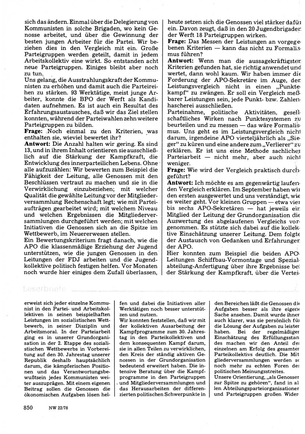 Neuer Weg (NW), Organ des Zentralkomitees (ZK) der SED (Sozialistische Einheitspartei Deutschlands) für Fragen des Parteilebens, 33. Jahrgang [Deutsche Demokratische Republik (DDR)] 1978, Seite 850 (NW ZK SED DDR 1978, S. 850)