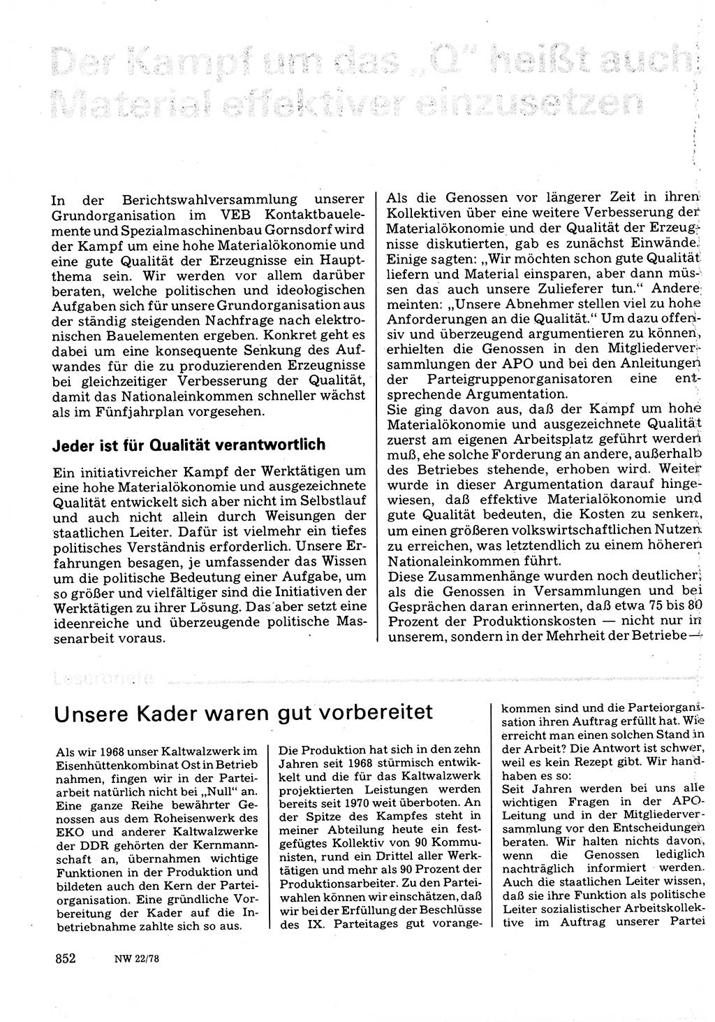 Neuer Weg (NW), Organ des Zentralkomitees (ZK) der SED (Sozialistische Einheitspartei Deutschlands) für Fragen des Parteilebens, 33. Jahrgang [Deutsche Demokratische Republik (DDR)] 1978, Seite 852 (NW ZK SED DDR 1978, S. 852)