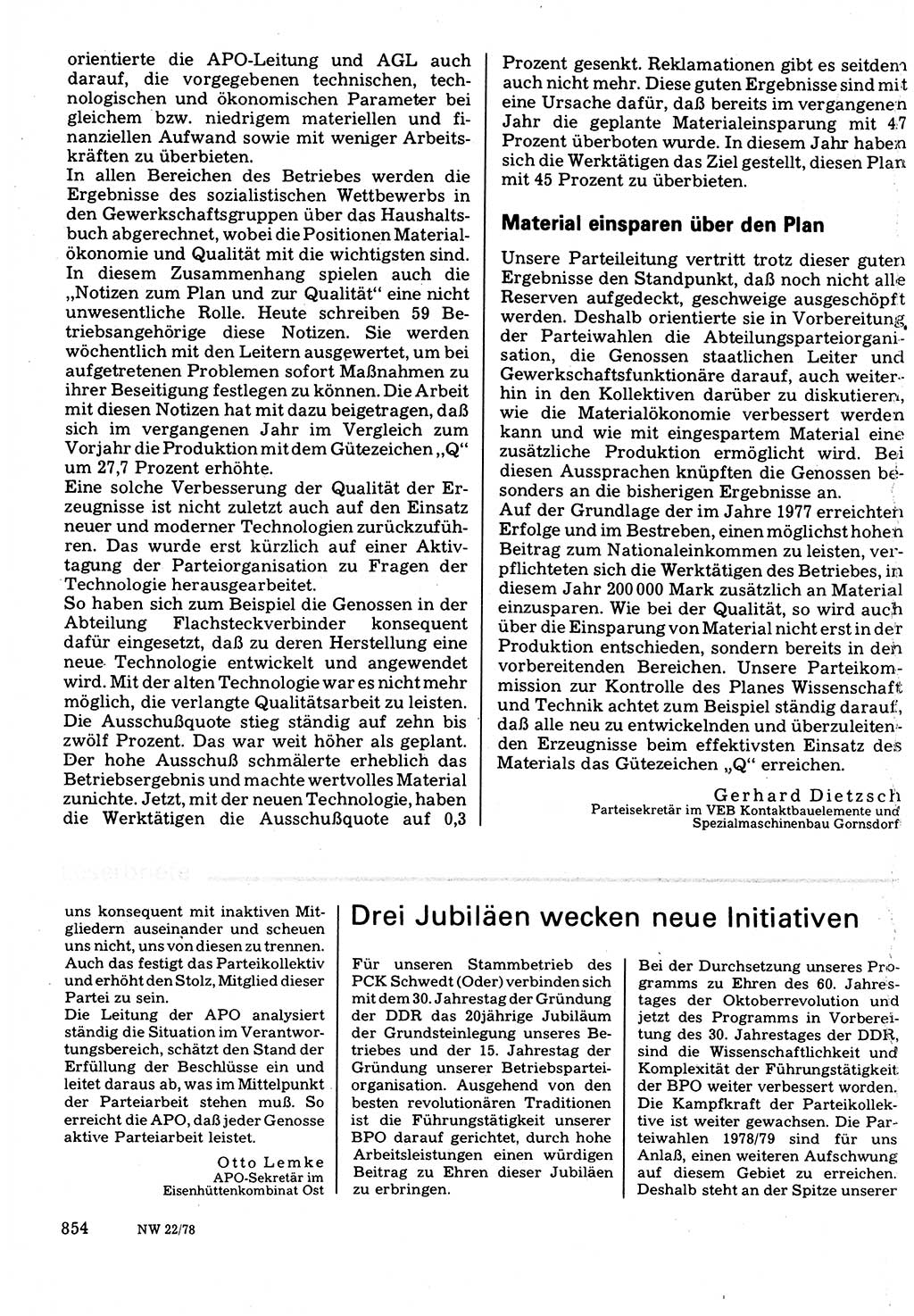Neuer Weg (NW), Organ des Zentralkomitees (ZK) der SED (Sozialistische Einheitspartei Deutschlands) für Fragen des Parteilebens, 33. Jahrgang [Deutsche Demokratische Republik (DDR)] 1978, Seite 854 (NW ZK SED DDR 1978, S. 854)