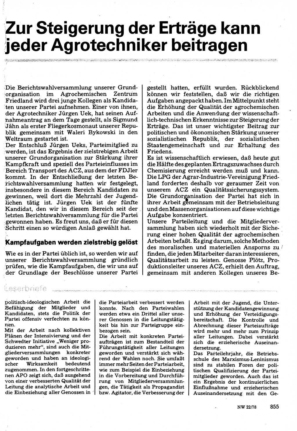 Neuer Weg (NW), Organ des Zentralkomitees (ZK) der SED (Sozialistische Einheitspartei Deutschlands) für Fragen des Parteilebens, 33. Jahrgang [Deutsche Demokratische Republik (DDR)] 1978, Seite 855 (NW ZK SED DDR 1978, S. 855)