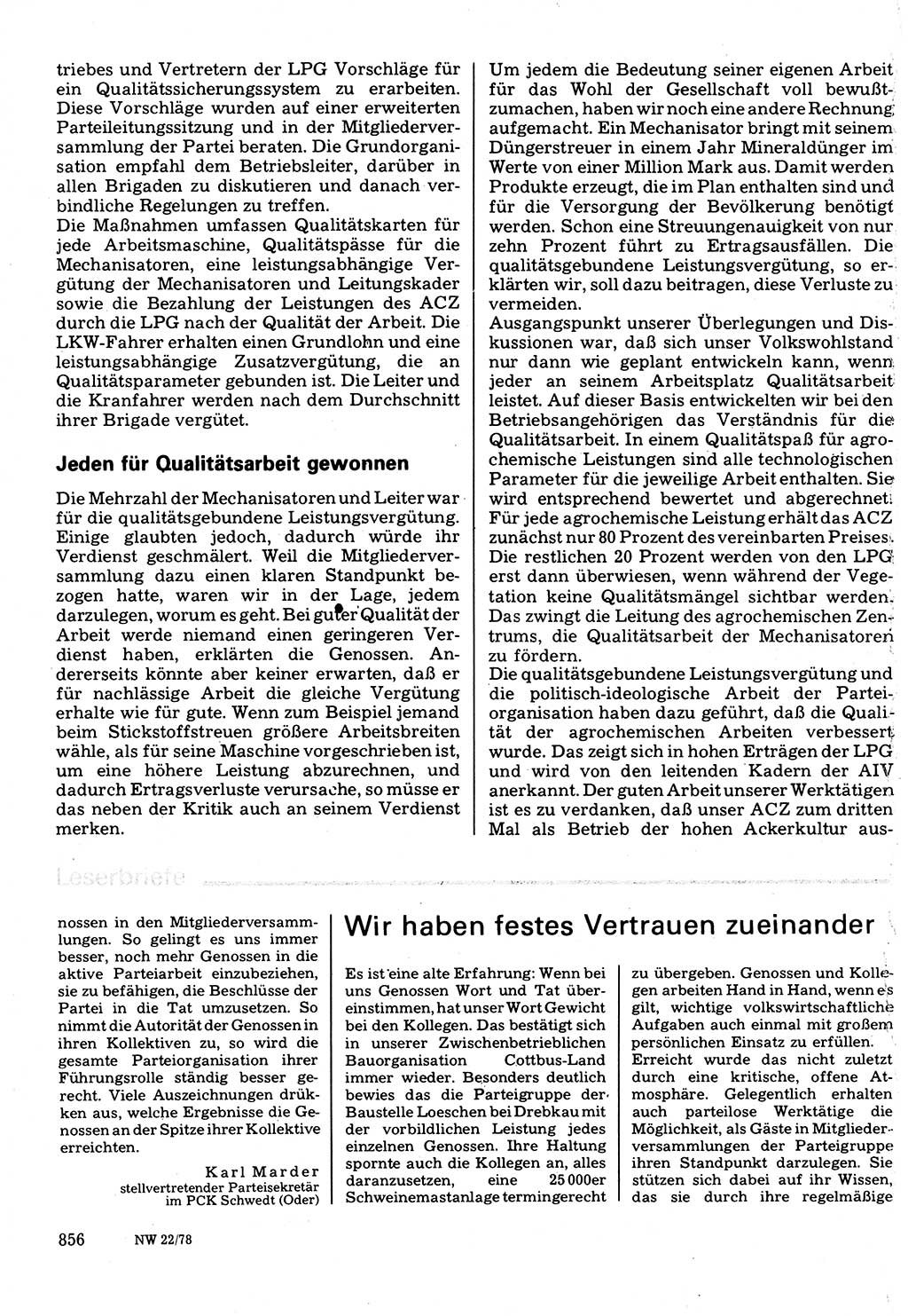 Neuer Weg (NW), Organ des Zentralkomitees (ZK) der SED (Sozialistische Einheitspartei Deutschlands) für Fragen des Parteilebens, 33. Jahrgang [Deutsche Demokratische Republik (DDR)] 1978, Seite 856 (NW ZK SED DDR 1978, S. 856)