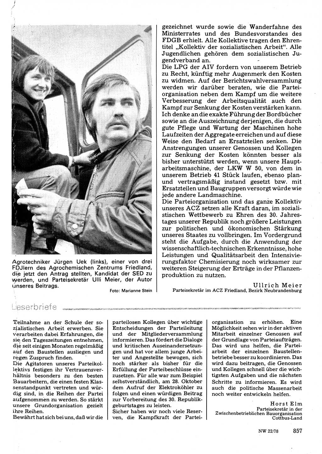 Neuer Weg (NW), Organ des Zentralkomitees (ZK) der SED (Sozialistische Einheitspartei Deutschlands) für Fragen des Parteilebens, 33. Jahrgang [Deutsche Demokratische Republik (DDR)] 1978, Seite 857 (NW ZK SED DDR 1978, S. 857)