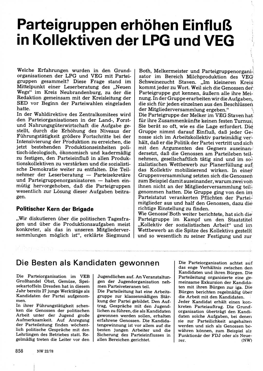 Neuer Weg (NW), Organ des Zentralkomitees (ZK) der SED (Sozialistische Einheitspartei Deutschlands) für Fragen des Parteilebens, 33. Jahrgang [Deutsche Demokratische Republik (DDR)] 1978, Seite 858 (NW ZK SED DDR 1978, S. 858)