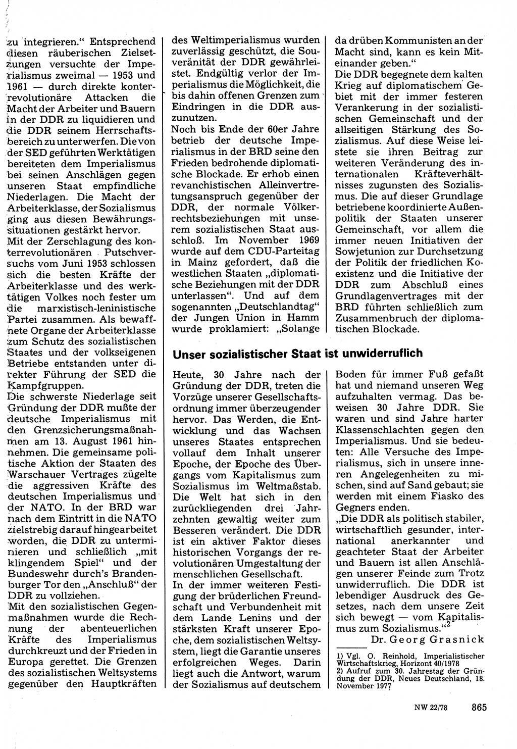 Neuer Weg (NW), Organ des Zentralkomitees (ZK) der SED (Sozialistische Einheitspartei Deutschlands) für Fragen des Parteilebens, 33. Jahrgang [Deutsche Demokratische Republik (DDR)] 1978, Seite 865 (NW ZK SED DDR 1978, S. 865)