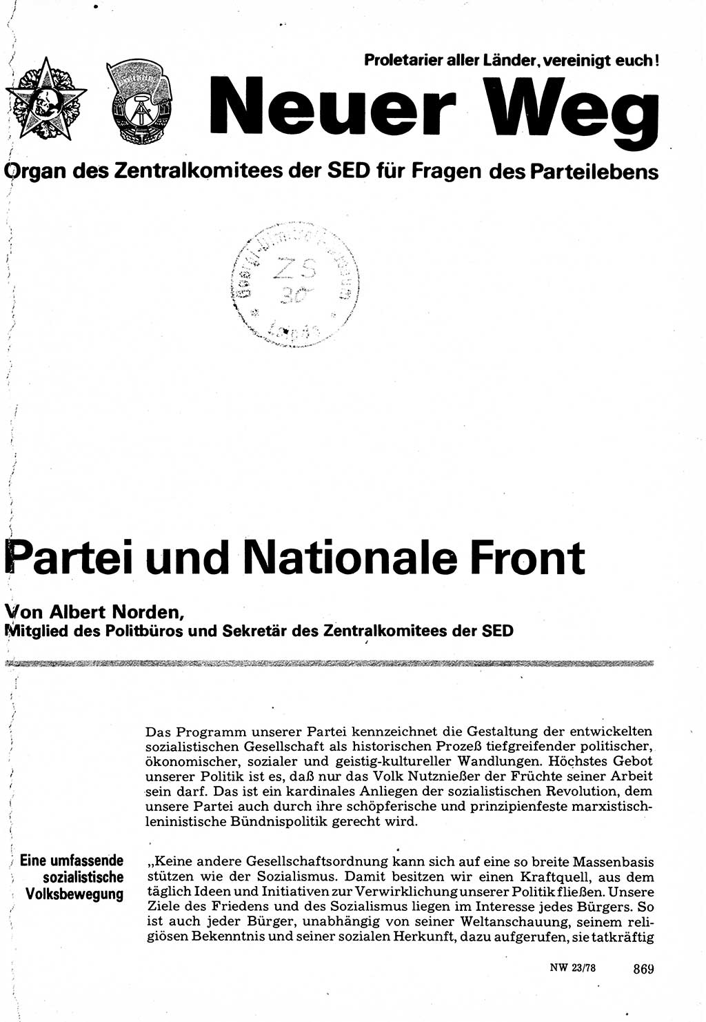 Neuer Weg (NW), Organ des Zentralkomitees (ZK) der SED (Sozialistische Einheitspartei Deutschlands) für Fragen des Parteilebens, 33. Jahrgang [Deutsche Demokratische Republik (DDR)] 1978, Seite 869 (NW ZK SED DDR 1978, S. 869)