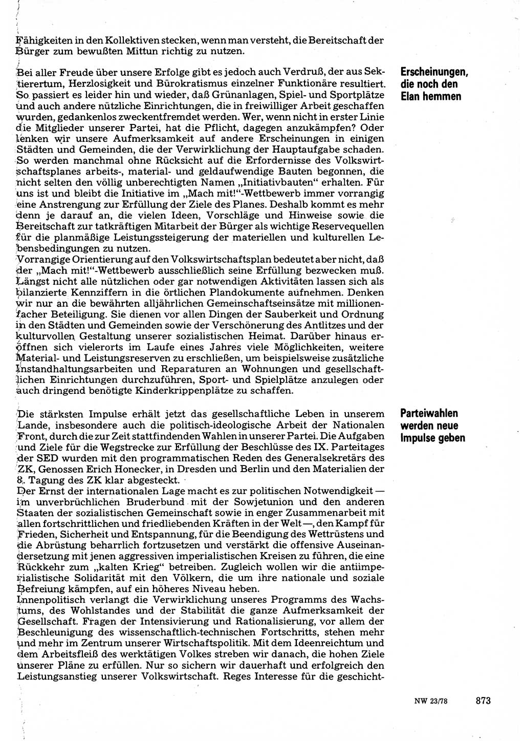 Neuer Weg (NW), Organ des Zentralkomitees (ZK) der SED (Sozialistische Einheitspartei Deutschlands) für Fragen des Parteilebens, 33. Jahrgang [Deutsche Demokratische Republik (DDR)] 1978, Seite 873 (NW ZK SED DDR 1978, S. 873)