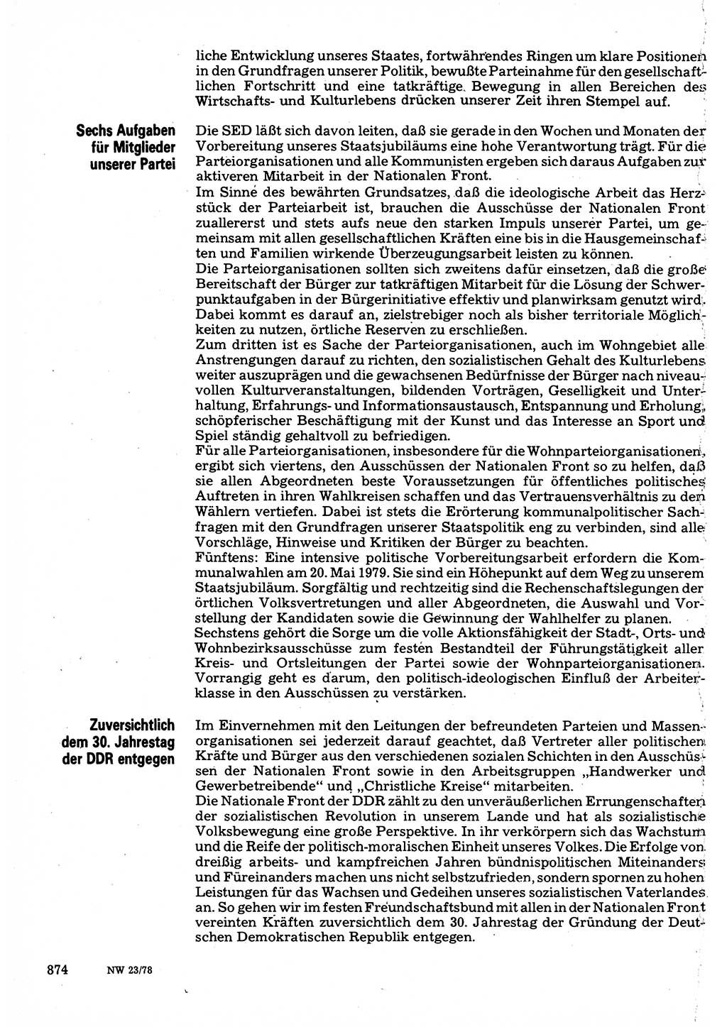 Neuer Weg (NW), Organ des Zentralkomitees (ZK) der SED (Sozialistische Einheitspartei Deutschlands) für Fragen des Parteilebens, 33. Jahrgang [Deutsche Demokratische Republik (DDR)] 1978, Seite 874 (NW ZK SED DDR 1978, S. 874)
