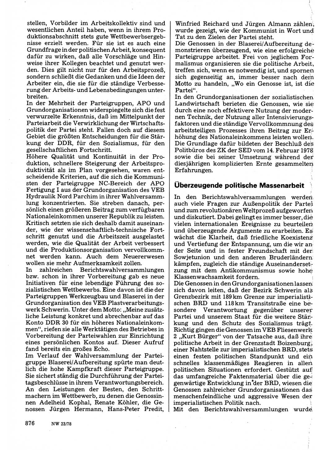 Neuer Weg (NW), Organ des Zentralkomitees (ZK) der SED (Sozialistische Einheitspartei Deutschlands) für Fragen des Parteilebens, 33. Jahrgang [Deutsche Demokratische Republik (DDR)] 1978, Seite 876 (NW ZK SED DDR 1978, S. 876)