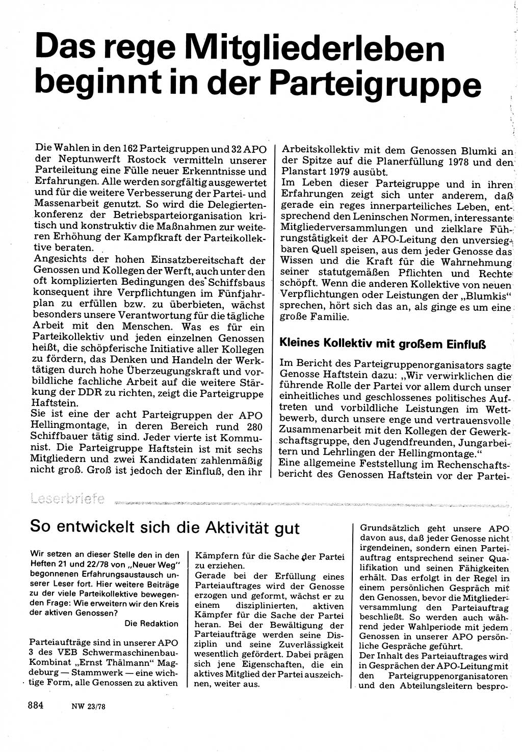 Neuer Weg (NW), Organ des Zentralkomitees (ZK) der SED (Sozialistische Einheitspartei Deutschlands) für Fragen des Parteilebens, 33. Jahrgang [Deutsche Demokratische Republik (DDR)] 1978, Seite 884 (NW ZK SED DDR 1978, S. 884)