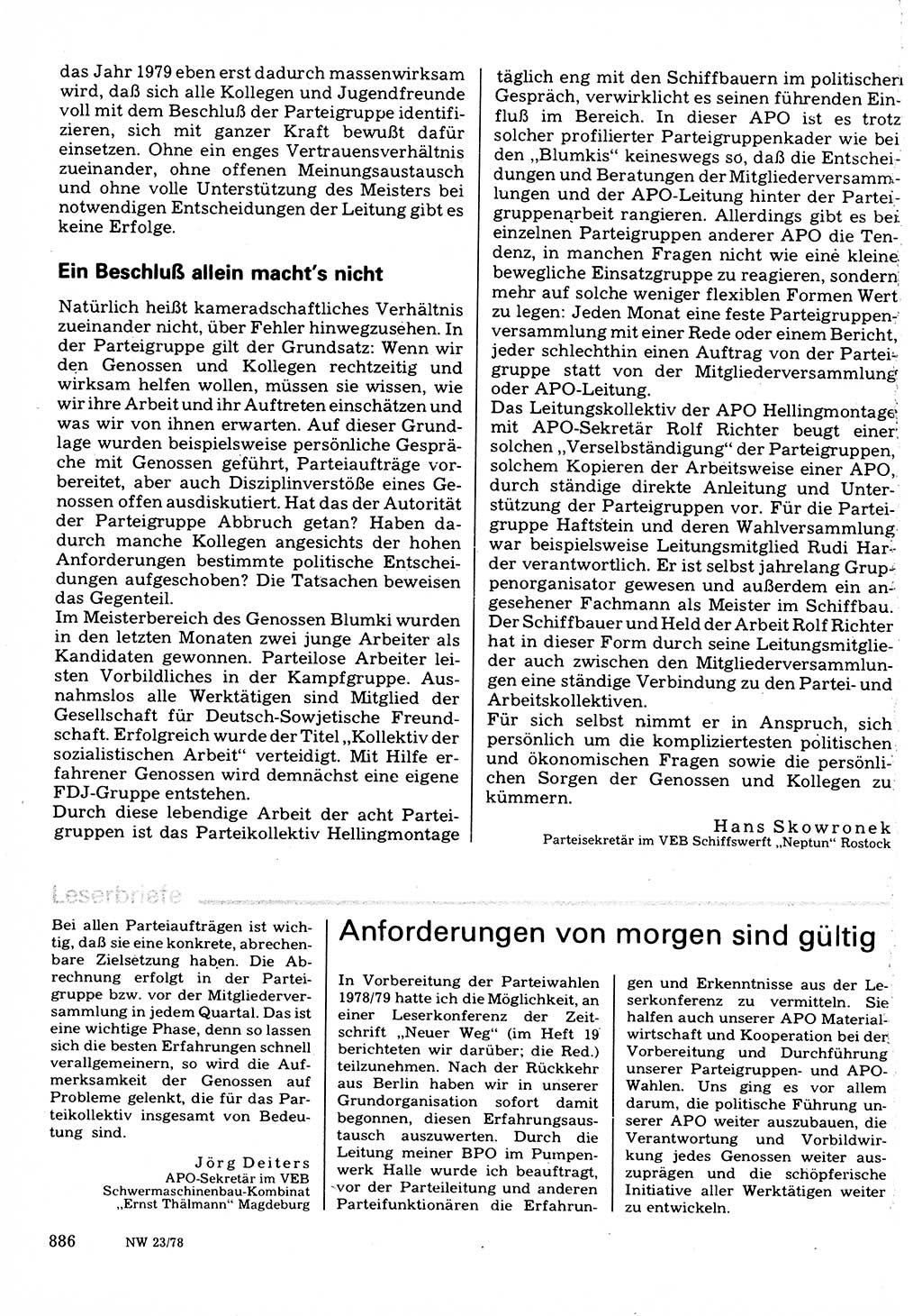 Neuer Weg (NW), Organ des Zentralkomitees (ZK) der SED (Sozialistische Einheitspartei Deutschlands) für Fragen des Parteilebens, 33. Jahrgang [Deutsche Demokratische Republik (DDR)] 1978, Seite 886 (NW ZK SED DDR 1978, S. 886)