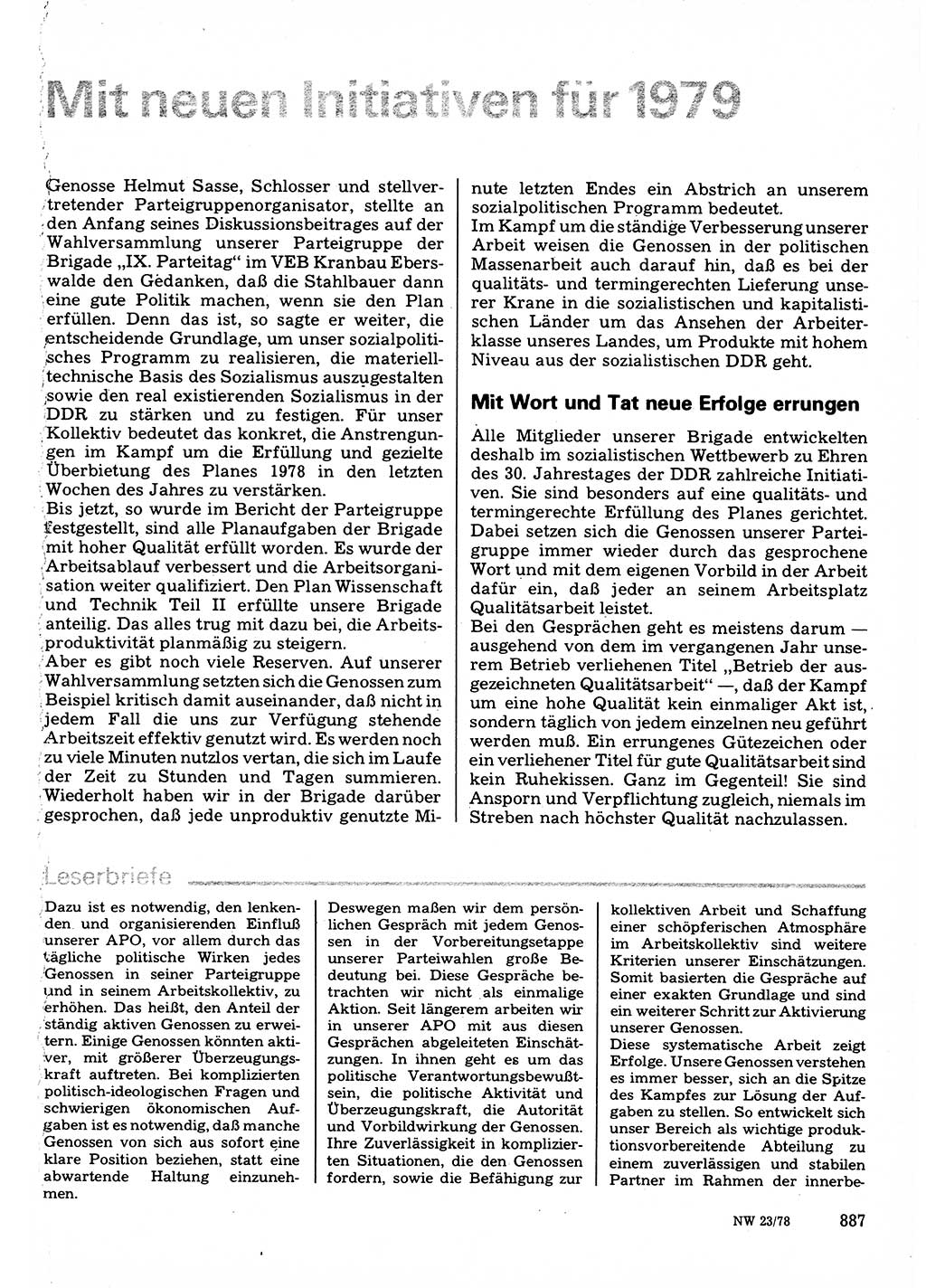 Neuer Weg (NW), Organ des Zentralkomitees (ZK) der SED (Sozialistische Einheitspartei Deutschlands) für Fragen des Parteilebens, 33. Jahrgang [Deutsche Demokratische Republik (DDR)] 1978, Seite 887 (NW ZK SED DDR 1978, S. 887)