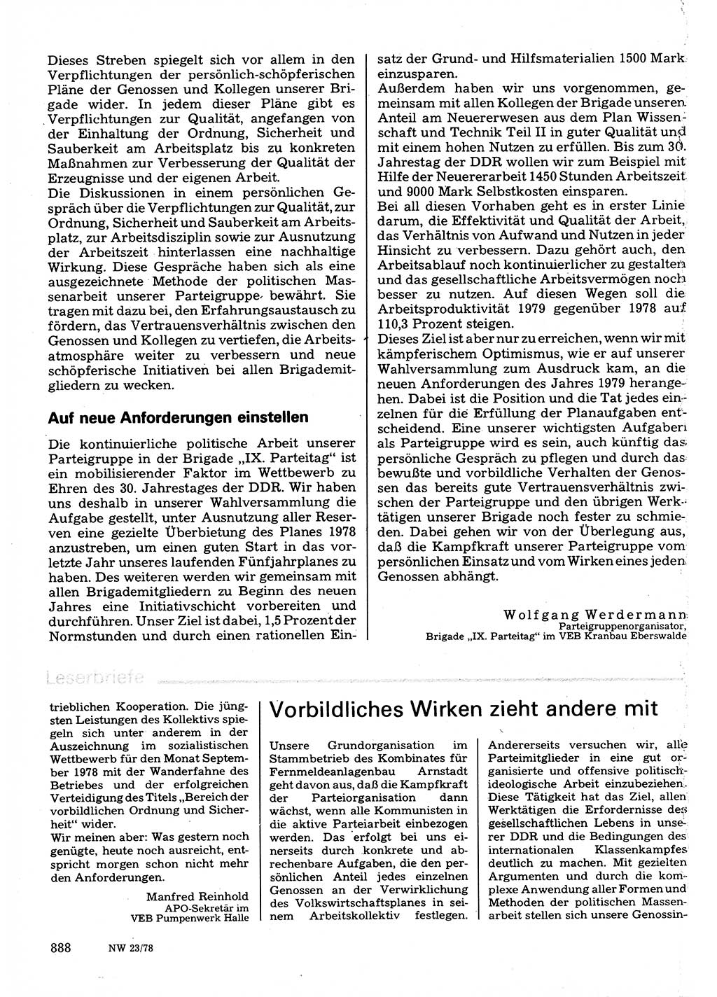 Neuer Weg (NW), Organ des Zentralkomitees (ZK) der SED (Sozialistische Einheitspartei Deutschlands) für Fragen des Parteilebens, 33. Jahrgang [Deutsche Demokratische Republik (DDR)] 1978, Seite 888 (NW ZK SED DDR 1978, S. 888)