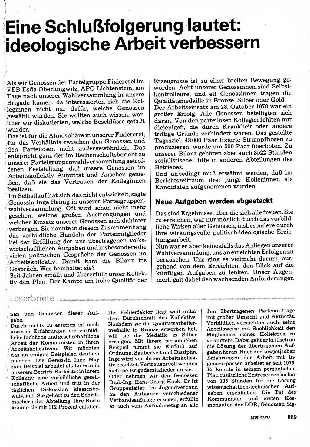 Neuer Weg (NW), Organ des Zentralkomitees (ZK) der SED (Sozialistische Einheitspartei Deutschlands) für Fragen des Parteilebens, 33. Jahrgang [Deutsche Demokratische Republik (DDR)] 1978, Seite 889 (NW ZK SED DDR 1978, S. 889)