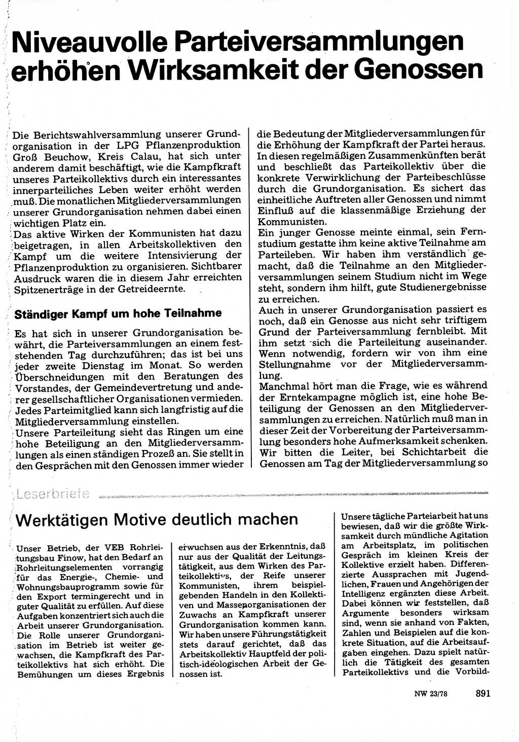 Neuer Weg (NW), Organ des Zentralkomitees (ZK) der SED (Sozialistische Einheitspartei Deutschlands) für Fragen des Parteilebens, 33. Jahrgang [Deutsche Demokratische Republik (DDR)] 1978, Seite 891 (NW ZK SED DDR 1978, S. 891)