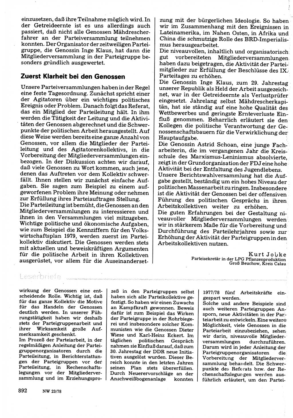 Neuer Weg (NW), Organ des Zentralkomitees (ZK) der SED (Sozialistische Einheitspartei Deutschlands) für Fragen des Parteilebens, 33. Jahrgang [Deutsche Demokratische Republik (DDR)] 1978, Seite 892 (NW ZK SED DDR 1978, S. 892)