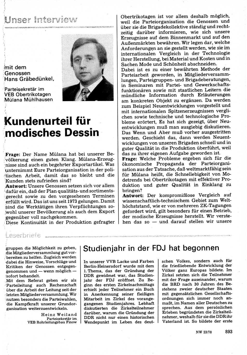 Neuer Weg (NW), Organ des Zentralkomitees (ZK) der SED (Sozialistische Einheitspartei Deutschlands) für Fragen des Parteilebens, 33. Jahrgang [Deutsche Demokratische Republik (DDR)] 1978, Seite 893 (NW ZK SED DDR 1978, S. 893)