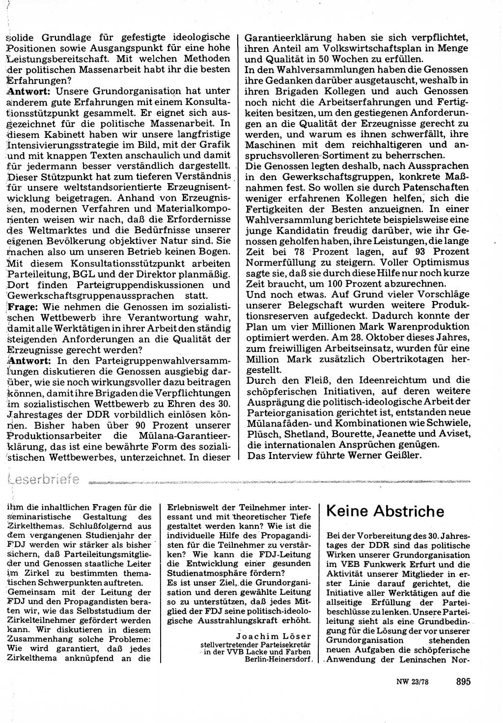 Neuer Weg (NW), Organ des Zentralkomitees (ZK) der SED (Sozialistische Einheitspartei Deutschlands) für Fragen des Parteilebens, 33. Jahrgang [Deutsche Demokratische Republik (DDR)] 1978, Seite 895 (NW ZK SED DDR 1978, S. 895)