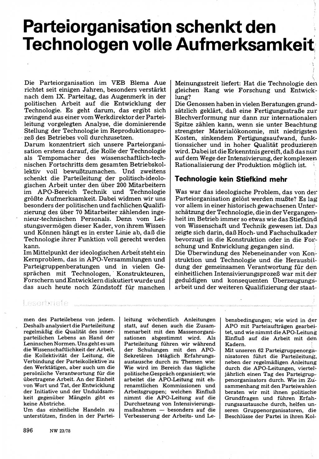 Neuer Weg (NW), Organ des Zentralkomitees (ZK) der SED (Sozialistische Einheitspartei Deutschlands) für Fragen des Parteilebens, 33. Jahrgang [Deutsche Demokratische Republik (DDR)] 1978, Seite 896 (NW ZK SED DDR 1978, S. 896)