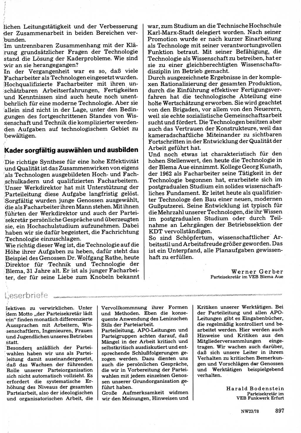 Neuer Weg (NW), Organ des Zentralkomitees (ZK) der SED (Sozialistische Einheitspartei Deutschlands) für Fragen des Parteilebens, 33. Jahrgang [Deutsche Demokratische Republik (DDR)] 1978, Seite 897 (NW ZK SED DDR 1978, S. 897)