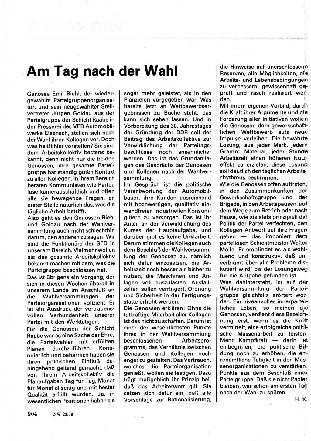 Neuer Weg (NW), Organ des Zentralkomitees (ZK) der SED (Sozialistische Einheitspartei Deutschlands) fÃ¼r Fragen des Parteilebens, 33. Jahrgang [Deutsche Demokratische Republik (DDR)] 1978, Seite 904 (NW ZK SED DDR 1978, S. 904)