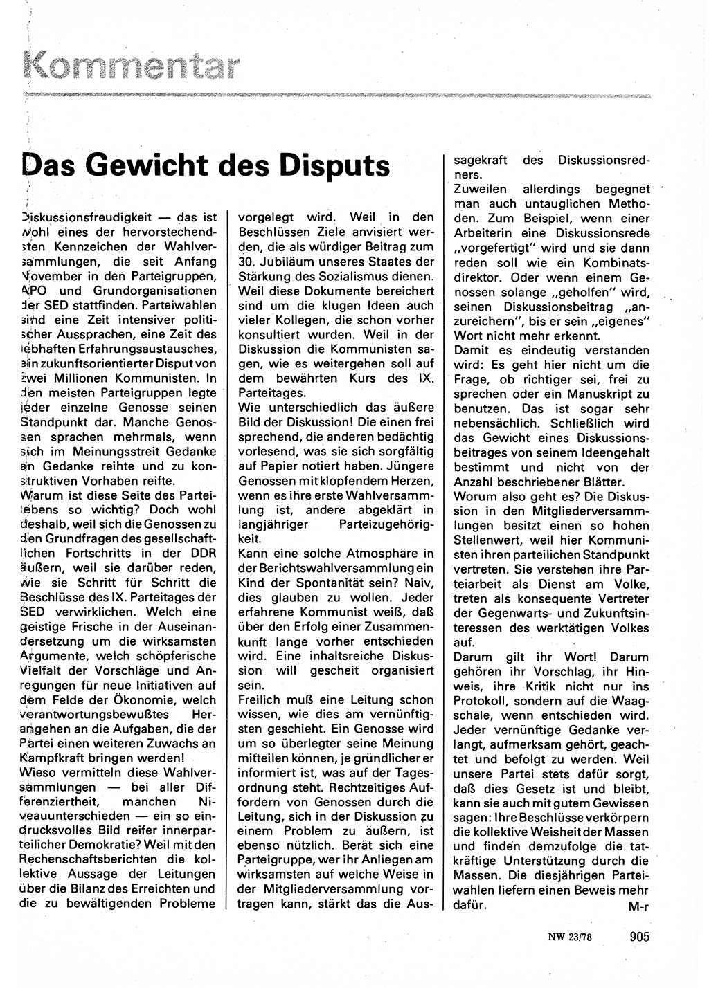 Neuer Weg (NW), Organ des Zentralkomitees (ZK) der SED (Sozialistische Einheitspartei Deutschlands) für Fragen des Parteilebens, 33. Jahrgang [Deutsche Demokratische Republik (DDR)] 1978, Seite 905 (NW ZK SED DDR 1978, S. 905)