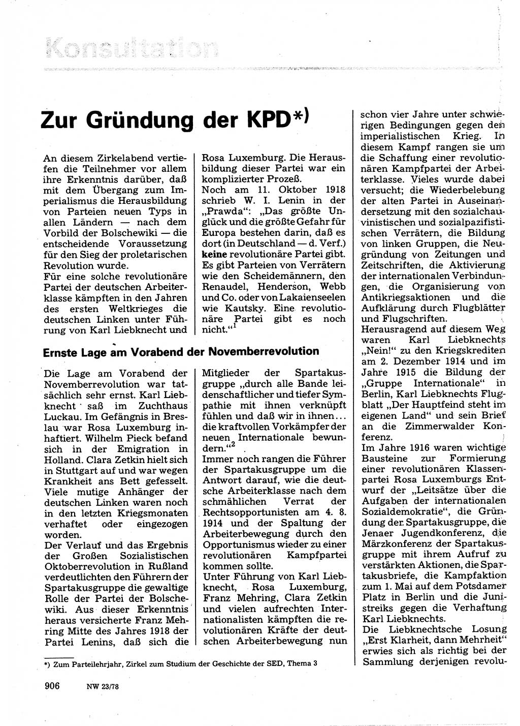 Neuer Weg (NW), Organ des Zentralkomitees (ZK) der SED (Sozialistische Einheitspartei Deutschlands) für Fragen des Parteilebens, 33. Jahrgang [Deutsche Demokratische Republik (DDR)] 1978, Seite 906 (NW ZK SED DDR 1978, S. 906)