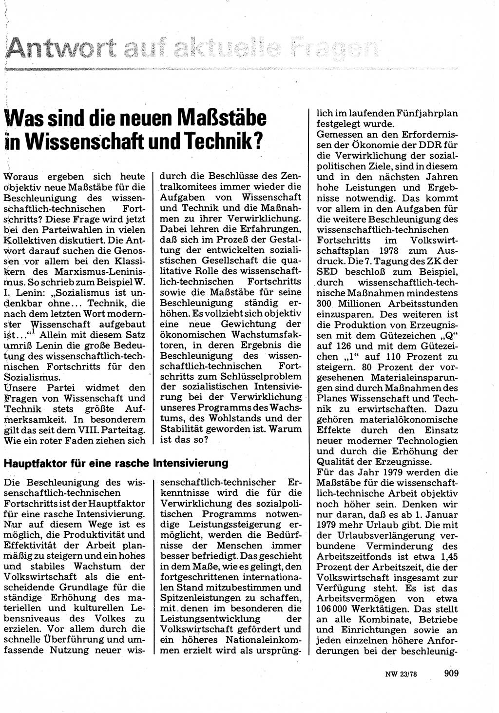 Neuer Weg (NW), Organ des Zentralkomitees (ZK) der SED (Sozialistische Einheitspartei Deutschlands) für Fragen des Parteilebens, 33. Jahrgang [Deutsche Demokratische Republik (DDR)] 1978, Seite 909 (NW ZK SED DDR 1978, S. 909)