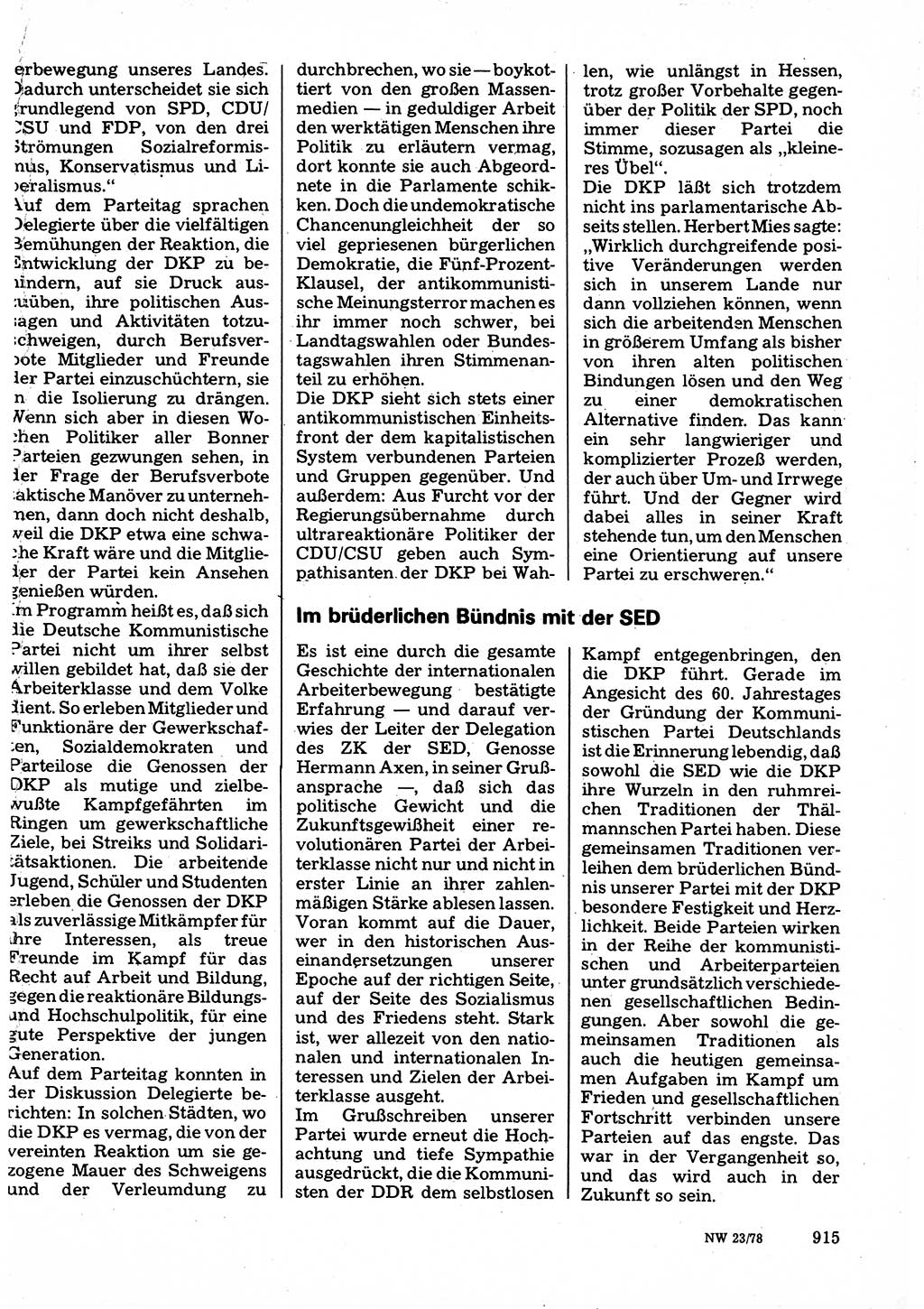 Neuer Weg (NW), Organ des Zentralkomitees (ZK) der SED (Sozialistische Einheitspartei Deutschlands) für Fragen des Parteilebens, 33. Jahrgang [Deutsche Demokratische Republik (DDR)] 1978, Seite 915 (NW ZK SED DDR 1978, S. 915)