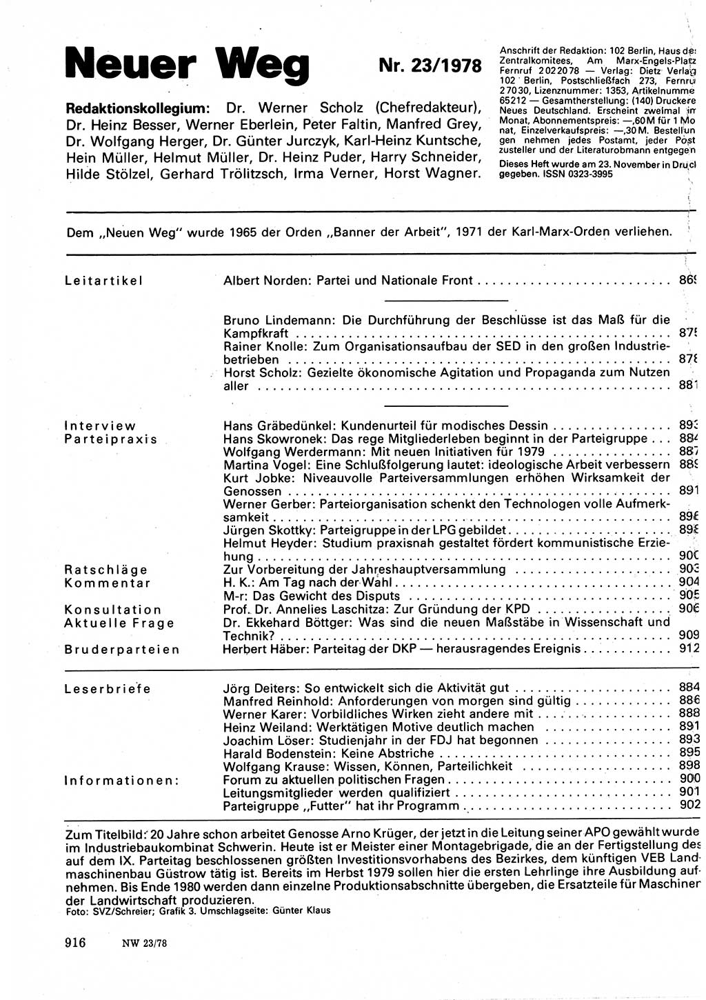 Neuer Weg (NW), Organ des Zentralkomitees (ZK) der SED (Sozialistische Einheitspartei Deutschlands) für Fragen des Parteilebens, 33. Jahrgang [Deutsche Demokratische Republik (DDR)] 1978, Seite 916 (NW ZK SED DDR 1978, S. 916)