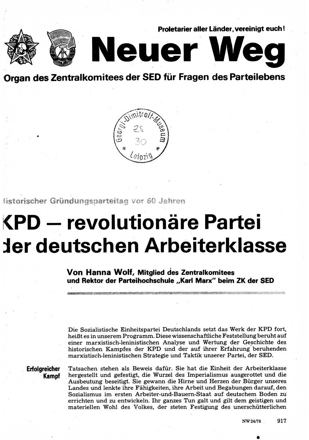 Neuer Weg (NW), Organ des Zentralkomitees (ZK) der SED (Sozialistische Einheitspartei Deutschlands) für Fragen des Parteilebens, 33. Jahrgang [Deutsche Demokratische Republik (DDR)] 1978, Seite 917 (NW ZK SED DDR 1978, S. 917)