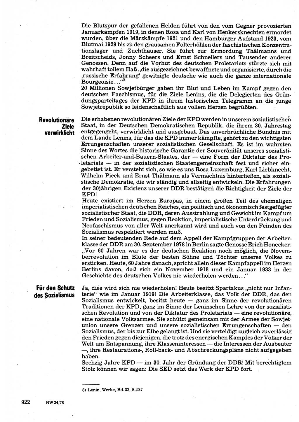 Neuer Weg (NW), Organ des Zentralkomitees (ZK) der SED (Sozialistische Einheitspartei Deutschlands) für Fragen des Parteilebens, 33. Jahrgang [Deutsche Demokratische Republik (DDR)] 1978, Seite 922 (NW ZK SED DDR 1978, S. 922)