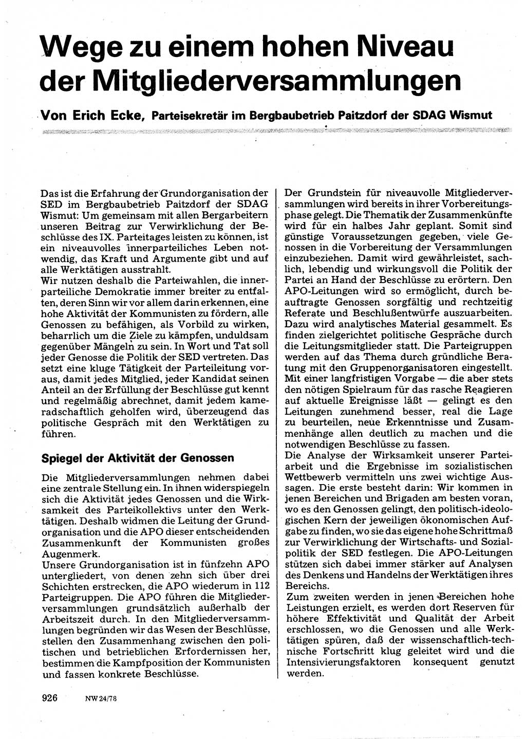 Neuer Weg (NW), Organ des Zentralkomitees (ZK) der SED (Sozialistische Einheitspartei Deutschlands) für Fragen des Parteilebens, 33. Jahrgang [Deutsche Demokratische Republik (DDR)] 1978, Seite 926 (NW ZK SED DDR 1978, S. 926)
