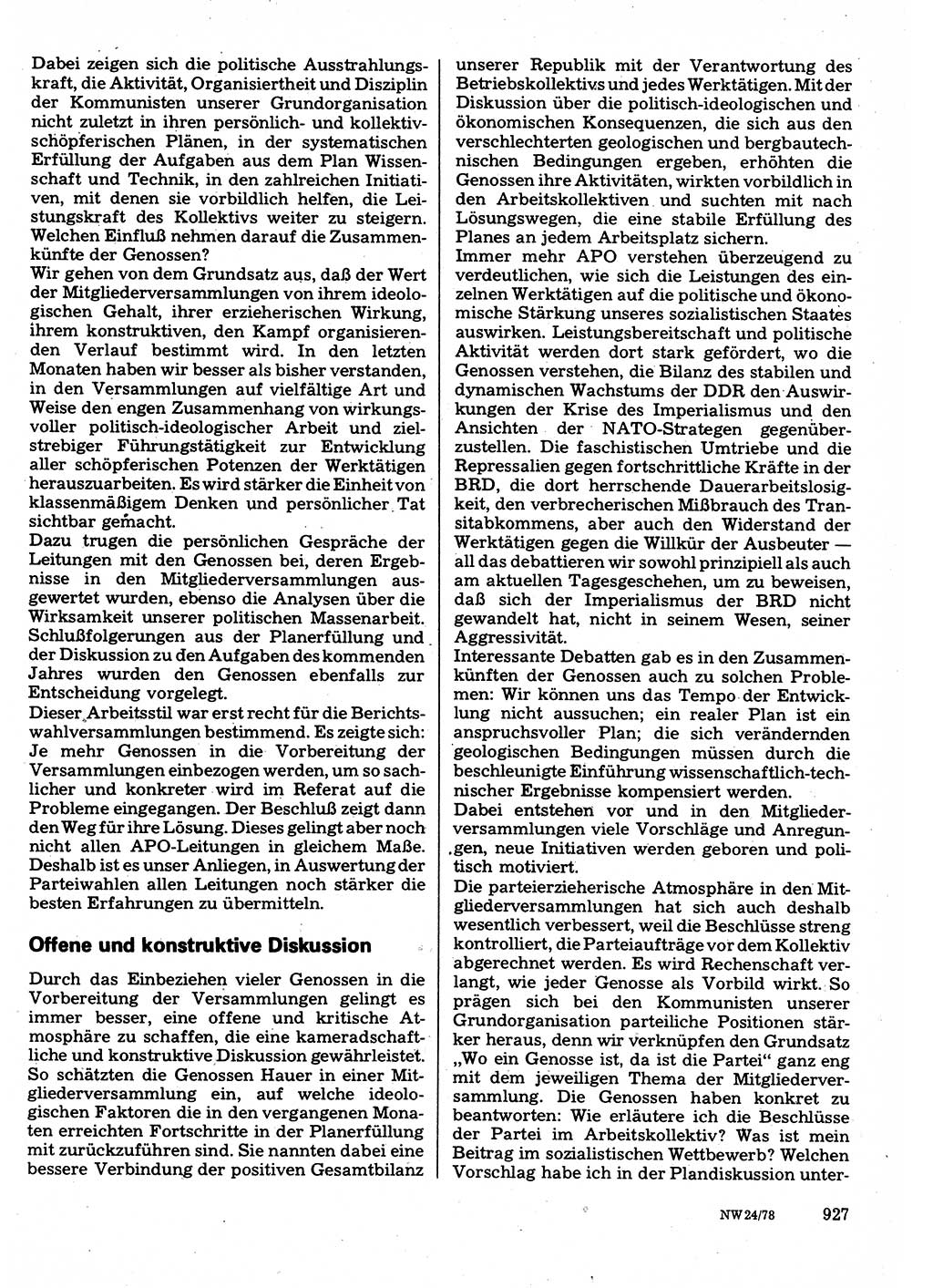 Neuer Weg (NW), Organ des Zentralkomitees (ZK) der SED (Sozialistische Einheitspartei Deutschlands) für Fragen des Parteilebens, 33. Jahrgang [Deutsche Demokratische Republik (DDR)] 1978, Seite 927 (NW ZK SED DDR 1978, S. 927)
