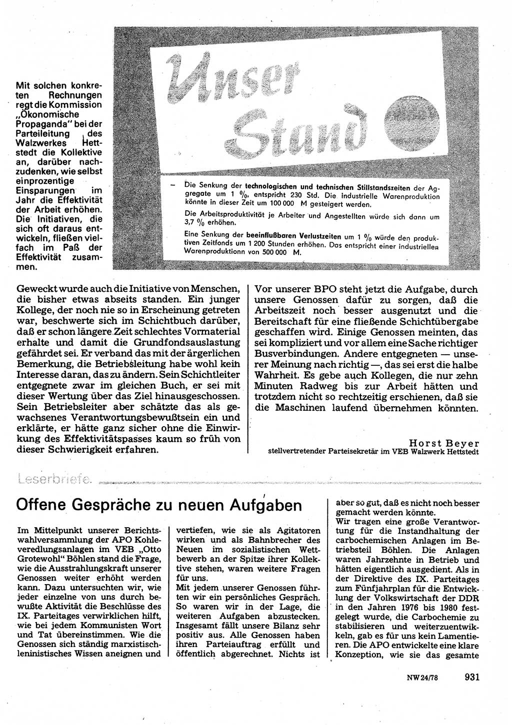 Neuer Weg (NW), Organ des Zentralkomitees (ZK) der SED (Sozialistische Einheitspartei Deutschlands) für Fragen des Parteilebens, 33. Jahrgang [Deutsche Demokratische Republik (DDR)] 1978, Seite 931 (NW ZK SED DDR 1978, S. 931)