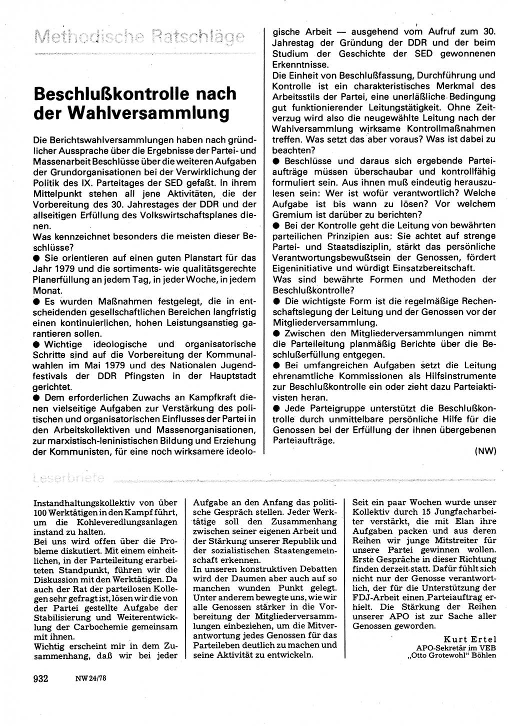 Neuer Weg (NW), Organ des Zentralkomitees (ZK) der SED (Sozialistische Einheitspartei Deutschlands) für Fragen des Parteilebens, 33. Jahrgang [Deutsche Demokratische Republik (DDR)] 1978, Seite 932 (NW ZK SED DDR 1978, S. 932)