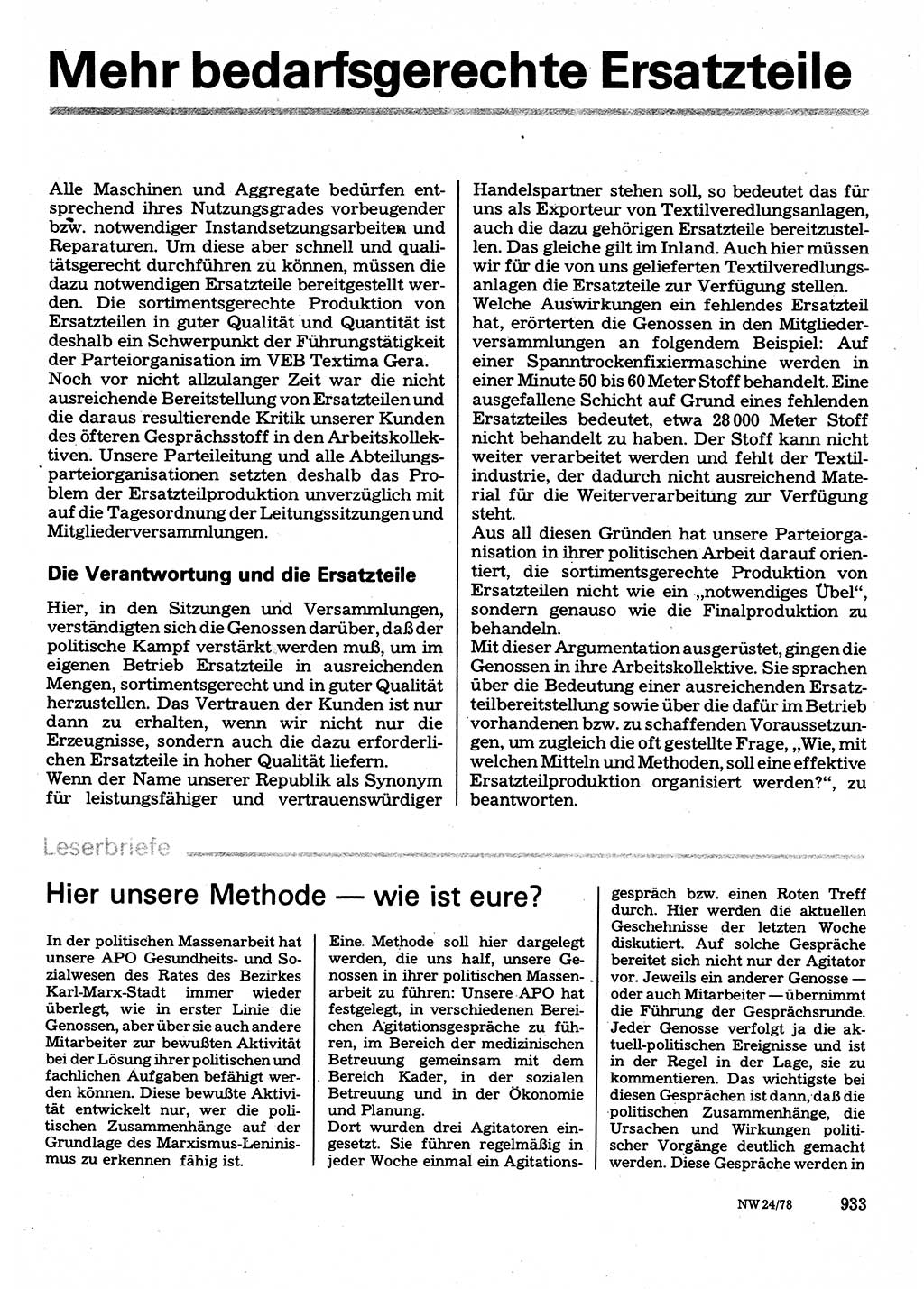 Neuer Weg (NW), Organ des Zentralkomitees (ZK) der SED (Sozialistische Einheitspartei Deutschlands) für Fragen des Parteilebens, 33. Jahrgang [Deutsche Demokratische Republik (DDR)] 1978, Seite 933 (NW ZK SED DDR 1978, S. 933)