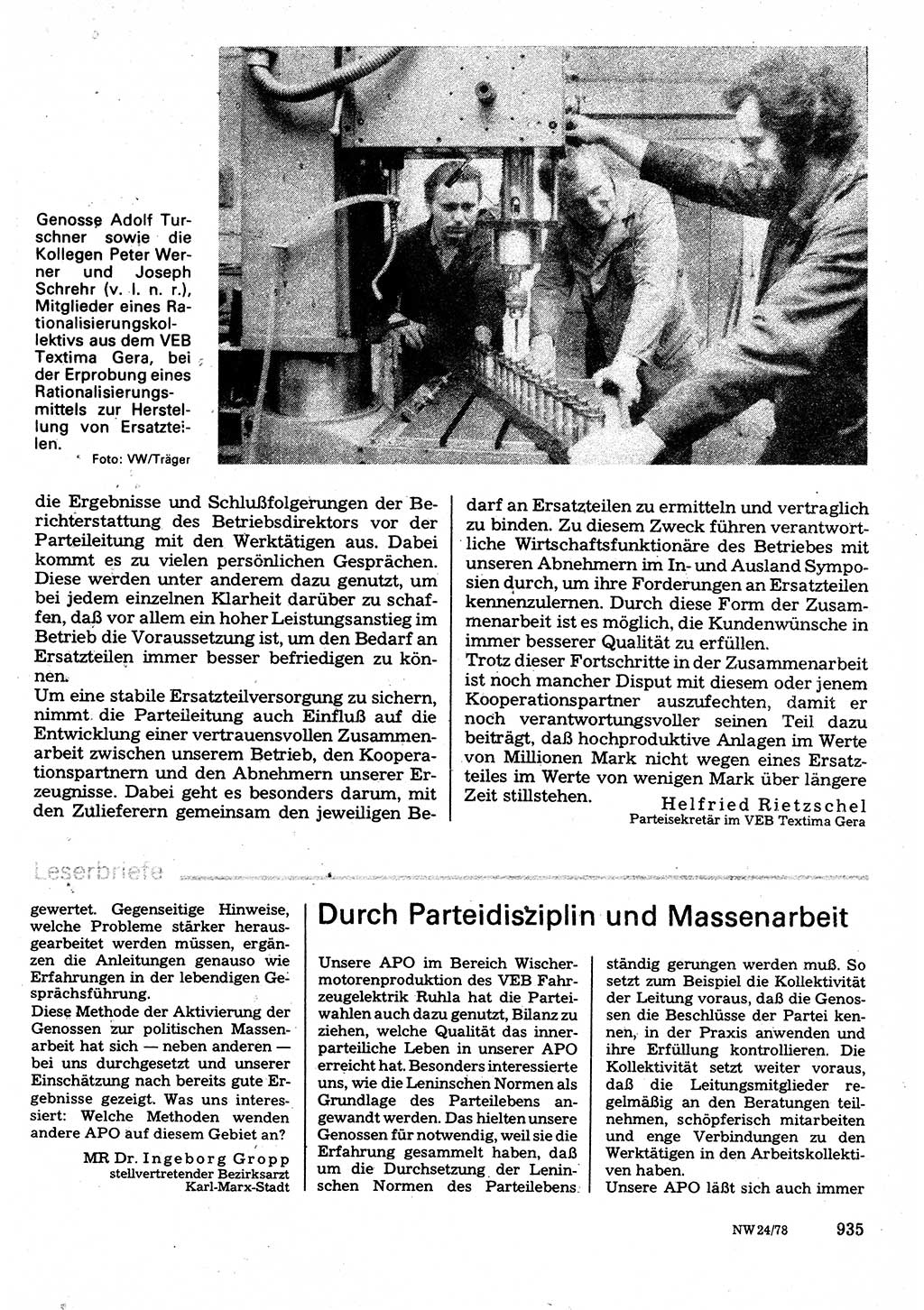 Neuer Weg (NW), Organ des Zentralkomitees (ZK) der SED (Sozialistische Einheitspartei Deutschlands) für Fragen des Parteilebens, 33. Jahrgang [Deutsche Demokratische Republik (DDR)] 1978, Seite 935 (NW ZK SED DDR 1978, S. 935)
