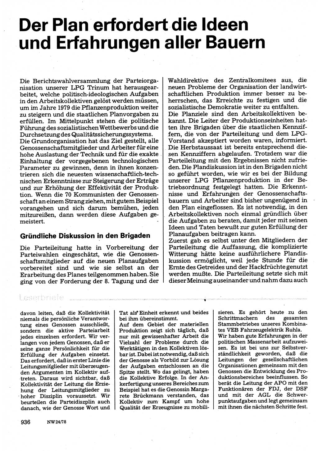 Neuer Weg (NW), Organ des Zentralkomitees (ZK) der SED (Sozialistische Einheitspartei Deutschlands) für Fragen des Parteilebens, 33. Jahrgang [Deutsche Demokratische Republik (DDR)] 1978, Seite 936 (NW ZK SED DDR 1978, S. 936)