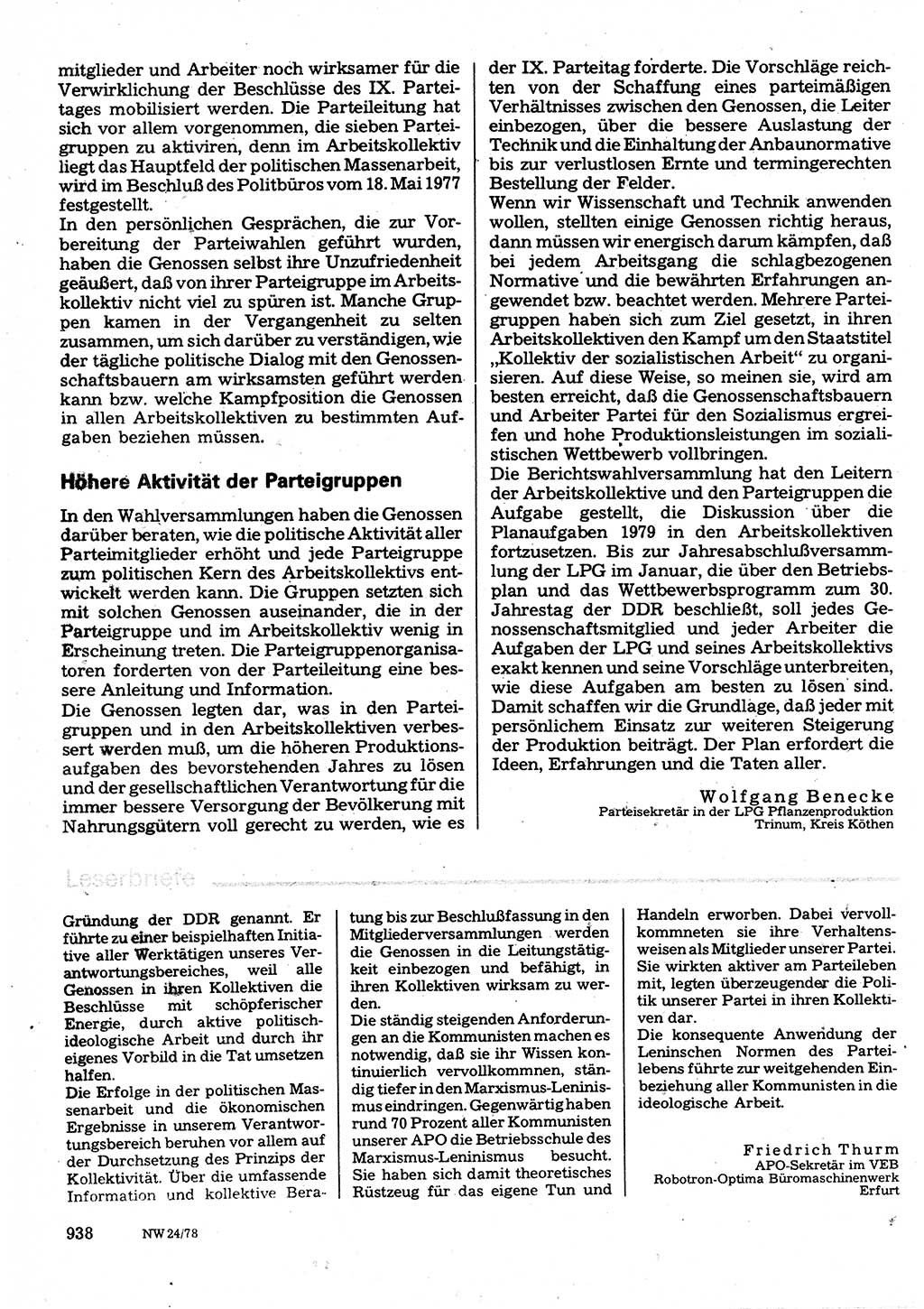 Neuer Weg (NW), Organ des Zentralkomitees (ZK) der SED (Sozialistische Einheitspartei Deutschlands) für Fragen des Parteilebens, 33. Jahrgang [Deutsche Demokratische Republik (DDR)] 1978, Seite 938 (NW ZK SED DDR 1978, S. 938)
