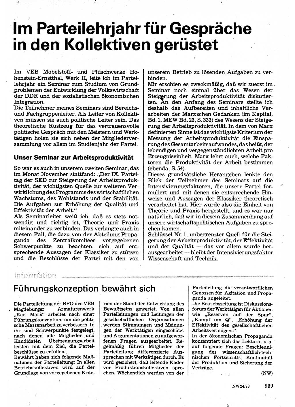 Neuer Weg (NW), Organ des Zentralkomitees (ZK) der SED (Sozialistische Einheitspartei Deutschlands) für Fragen des Parteilebens, 33. Jahrgang [Deutsche Demokratische Republik (DDR)] 1978, Seite 939 (NW ZK SED DDR 1978, S. 939)