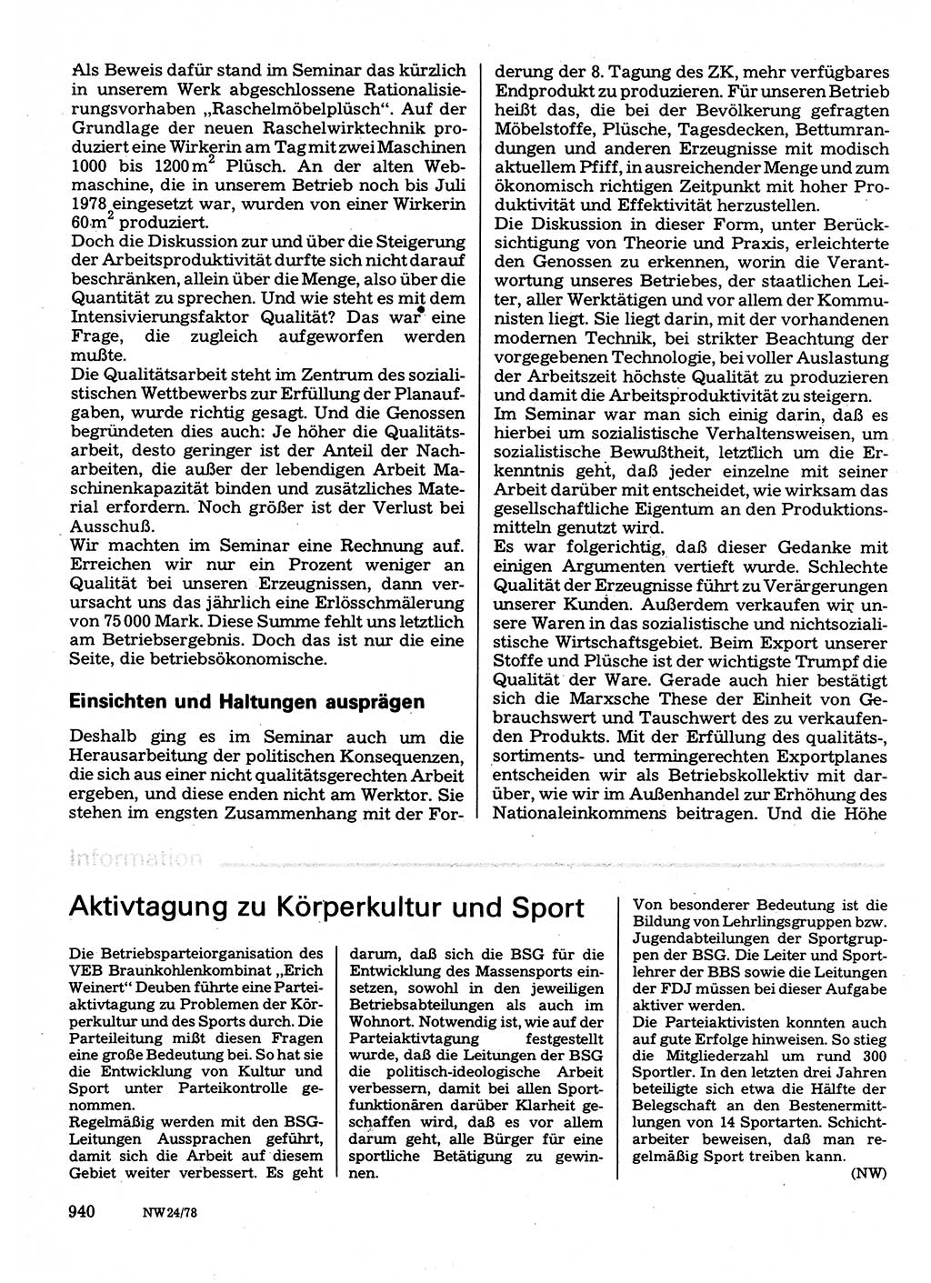 Neuer Weg (NW), Organ des Zentralkomitees (ZK) der SED (Sozialistische Einheitspartei Deutschlands) für Fragen des Parteilebens, 33. Jahrgang [Deutsche Demokratische Republik (DDR)] 1978, Seite 940 (NW ZK SED DDR 1978, S. 940)