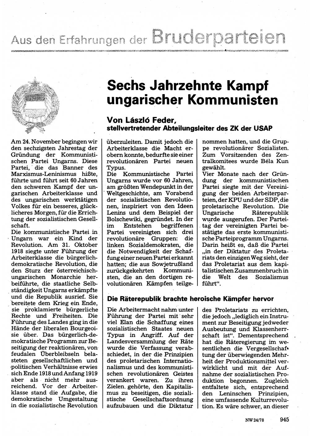 Neuer Weg (NW), Organ des Zentralkomitees (ZK) der SED (Sozialistische Einheitspartei Deutschlands) für Fragen des Parteilebens, 33. Jahrgang [Deutsche Demokratische Republik (DDR)] 1978, Seite 945 (NW ZK SED DDR 1978, S. 945)