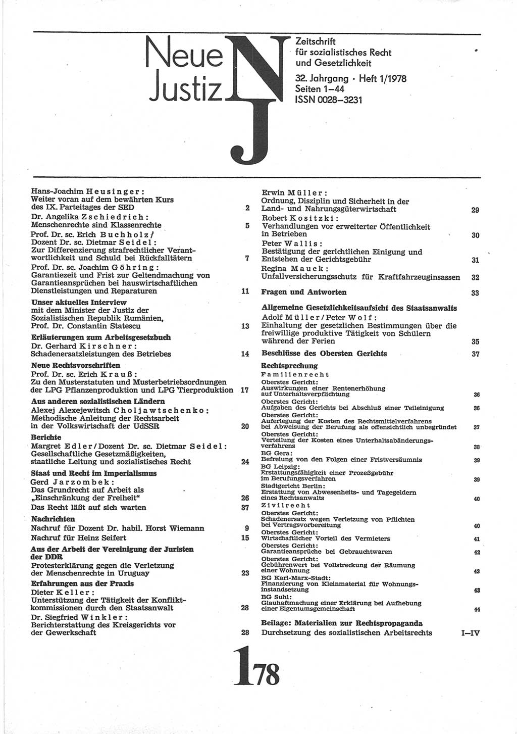 Neue Justiz (NJ), Zeitschrift für sozialistisches Recht und Gesetzlichkeit [Deutsche Demokratische Republik (DDR)], 32. Jahrgang 1978, Seite 1 (NJ DDR 1978, S. 1)