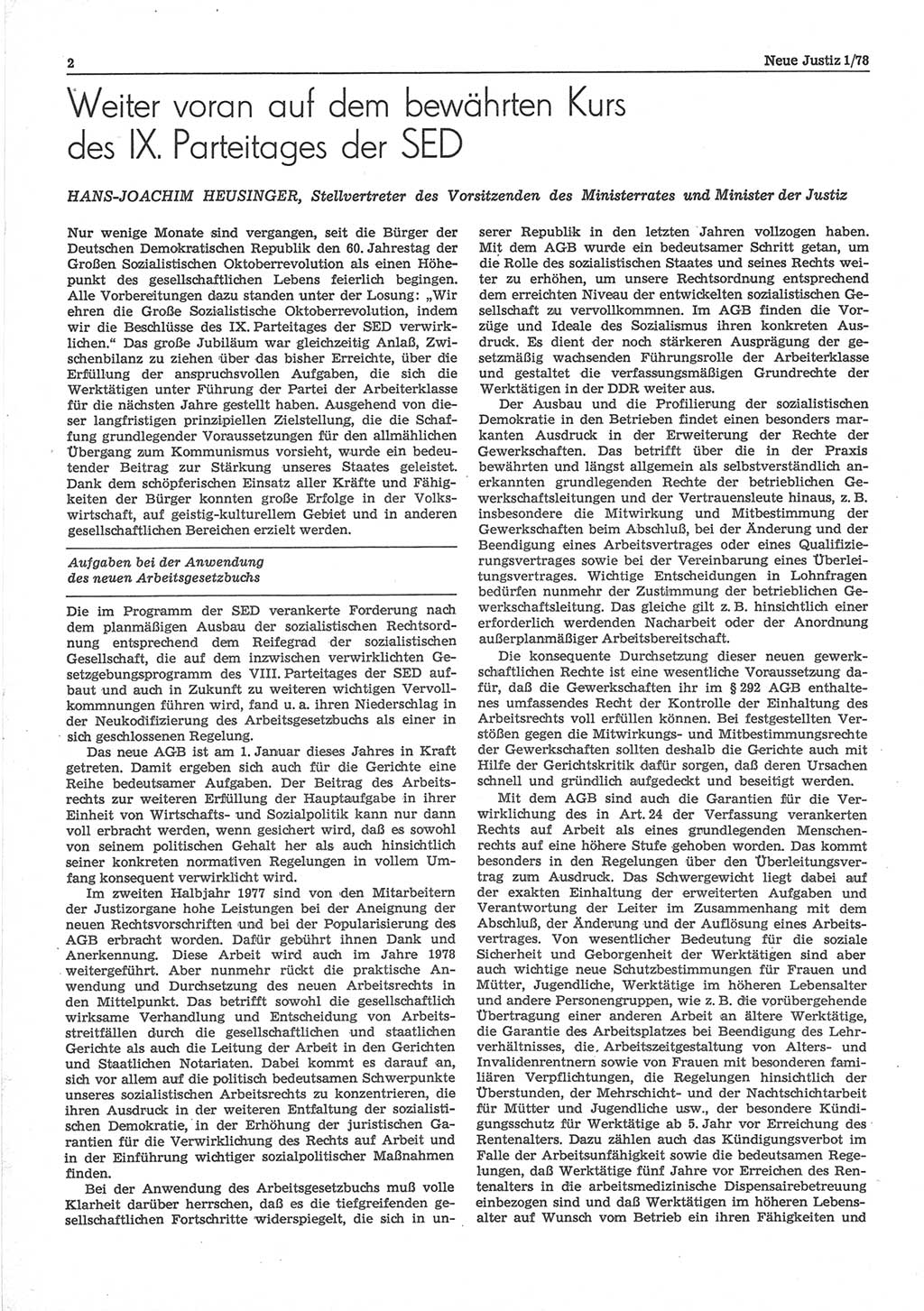 Neue Justiz (NJ), Zeitschrift für sozialistisches Recht und Gesetzlichkeit [Deutsche Demokratische Republik (DDR)], 32. Jahrgang 1978, Seite 2 (NJ DDR 1978, S. 2)