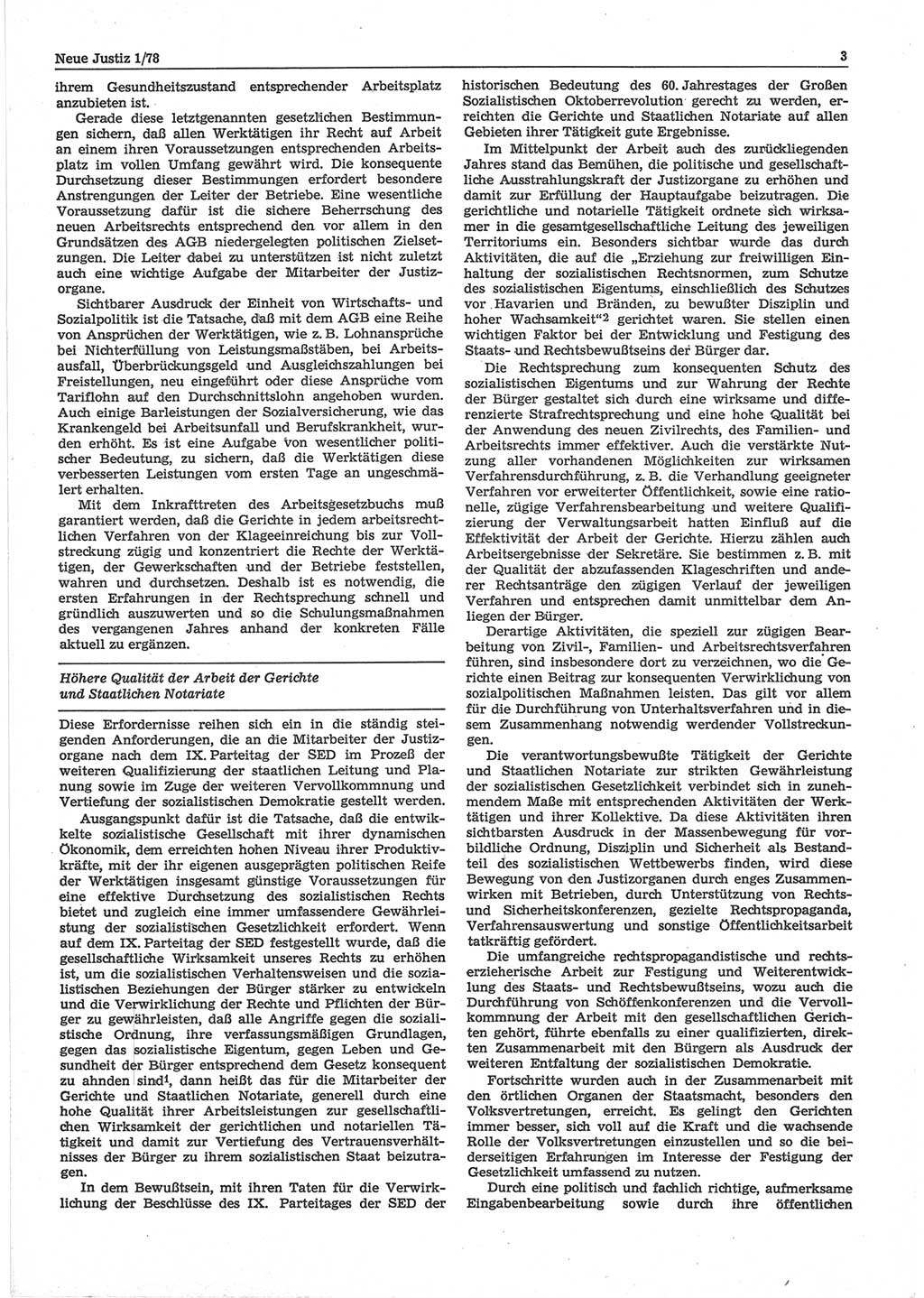 Neue Justiz (NJ), Zeitschrift für sozialistisches Recht und Gesetzlichkeit [Deutsche Demokratische Republik (DDR)], 32. Jahrgang 1978, Seite 3 (NJ DDR 1978, S. 3)