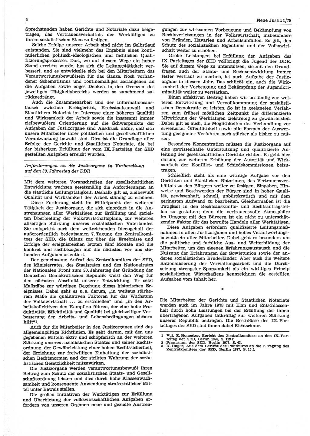 Neue Justiz (NJ), Zeitschrift für sozialistisches Recht und Gesetzlichkeit [Deutsche Demokratische Republik (DDR)], 32. Jahrgang 1978, Seite 4 (NJ DDR 1978, S. 4)