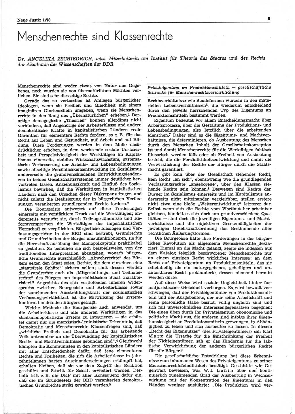 Neue Justiz (NJ), Zeitschrift für sozialistisches Recht und Gesetzlichkeit [Deutsche Demokratische Republik (DDR)], 32. Jahrgang 1978, Seite 5 (NJ DDR 1978, S. 5)