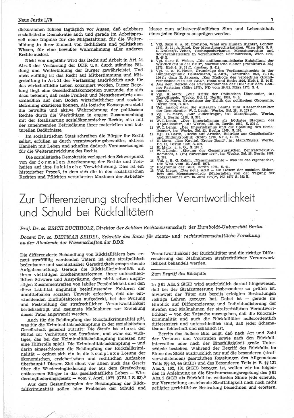 Neue Justiz (NJ), Zeitschrift für sozialistisches Recht und Gesetzlichkeit [Deutsche Demokratische Republik (DDR)], 32. Jahrgang 1978, Seite 7 (NJ DDR 1978, S. 7)